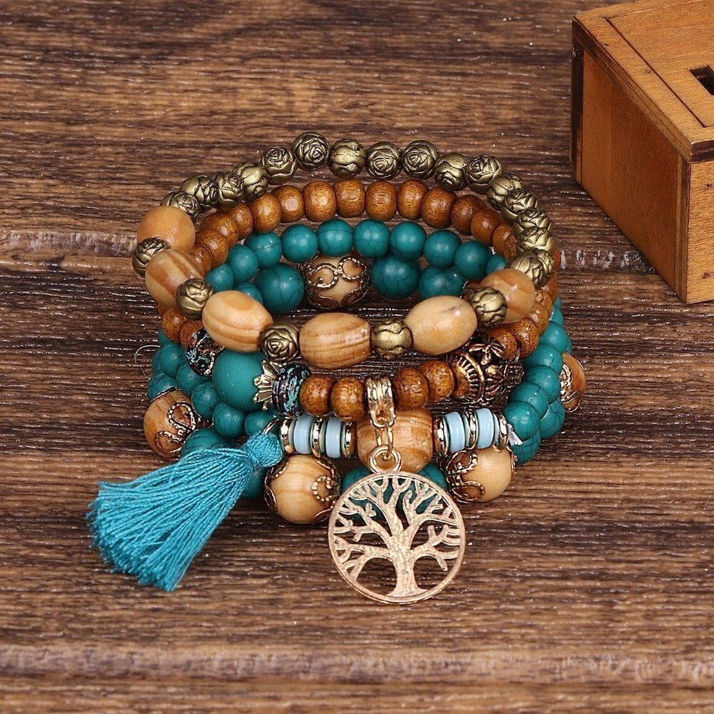 Beaded Bracelet Set of 4‎ Tree of Life Charm Bohemian Wooden Stackable